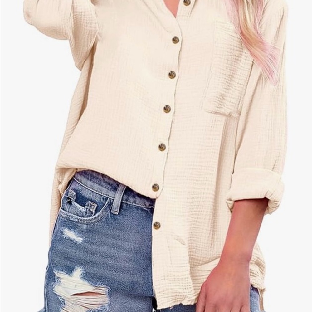 BUNDLE, Pink and Cream Oversized Cuffed Sleeve Button Down Shirts - Picture 2 of 8